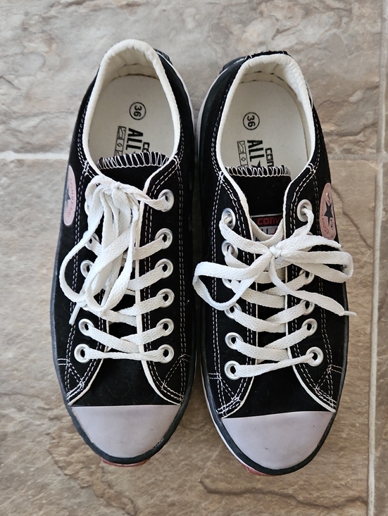Converse Shoes - Converse Black Low Top Sneakers with Pink Logo Patch